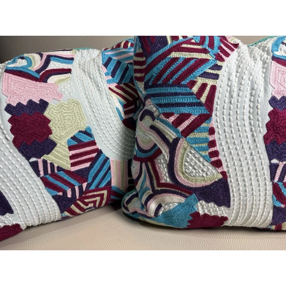 RARE Anthropologie Jazmin Berakha Parallel Embroidered Throw Pillows TWO Boho